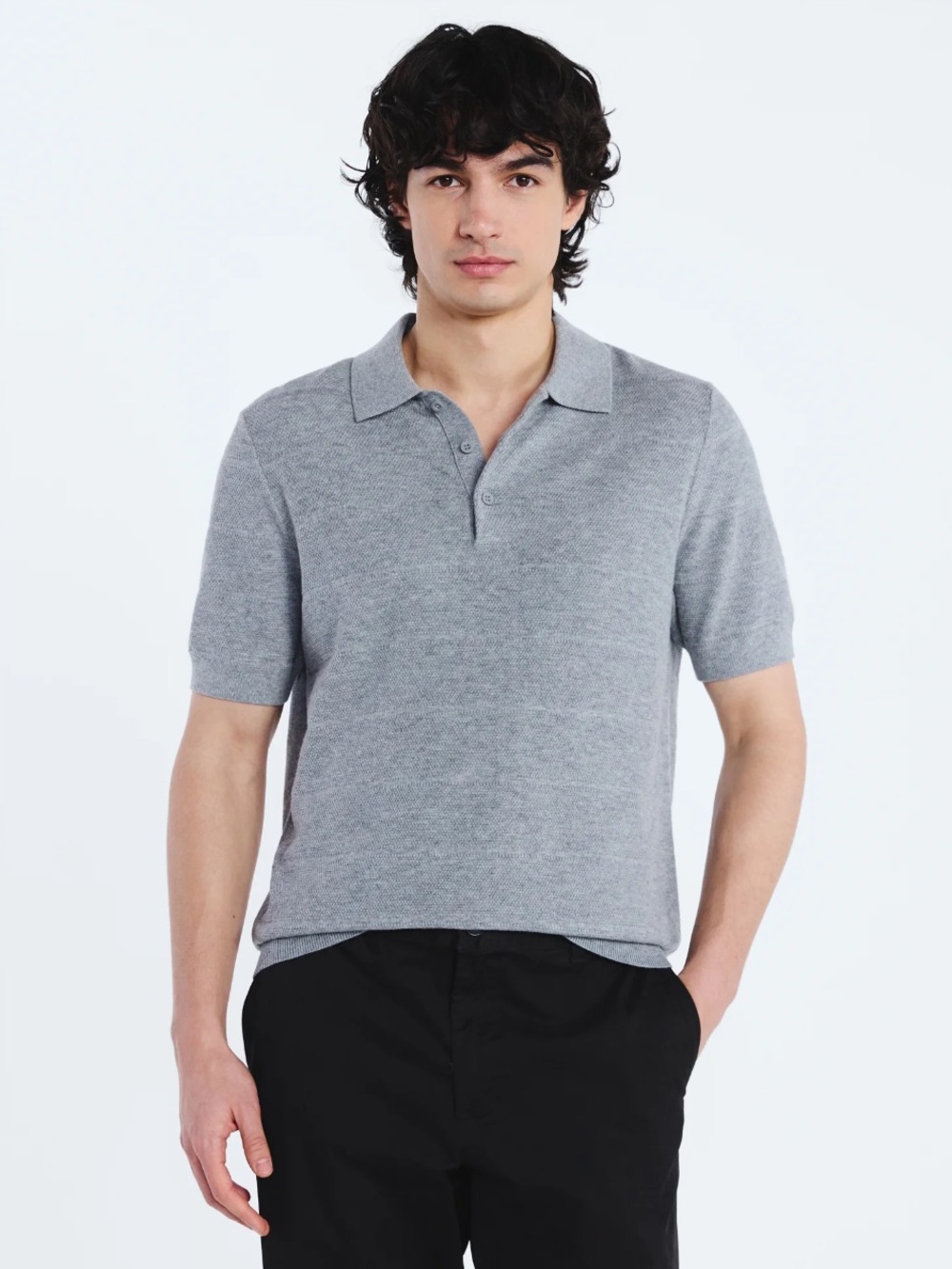 Free Assembly Men's Textured Grey Stripe Polo Sweater with Short Sleeves S *NEW*